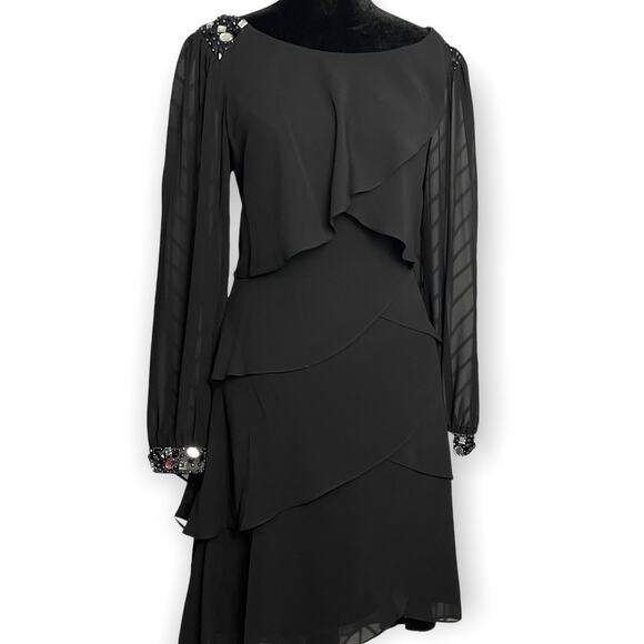 SLNY Long Sleeve Layered Ruffle Knee Length Dress Women's 10 Black Beaded NEW - Picture 4 of 8